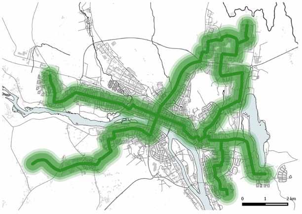 Stomlinjenät kollektivtrafik, alternativ 1.