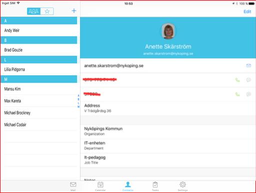 Kontakter Appens kontaktbok är en spegling av den personliga kontaktboken du har i Outlook.