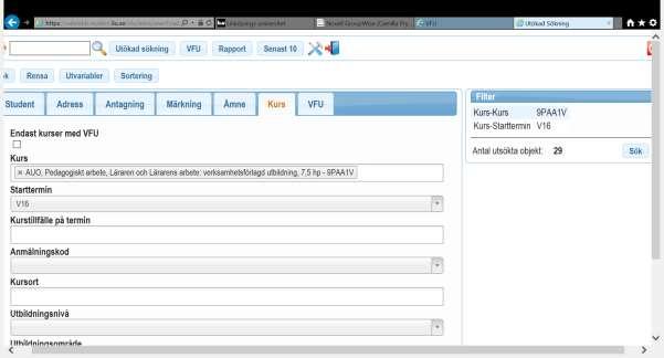 Gå sedan till fliken KURS och fyll i kursen och aktuell termin. Gå sedan till fliken VFU och fyll i status Klar att påbörjas.