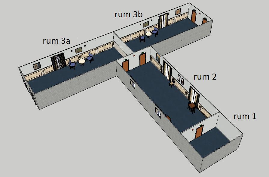 Figur 9. Överblick över geometrin i försöken. Figuren är tagen från SketchUp. Byggnaden som användes i scenarierna bestod av fyra rum. Rum 1, som simuleringen startade i, mätte 4m x 6m x 3m.