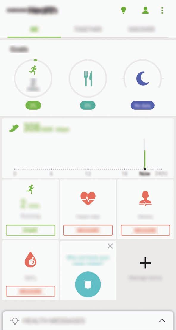 Använda Samsung Health Du kan visa den viktigaste informationen från menyer och spårare i Samsung Health för att övervaka ditt välbefinnande och din kondition.
