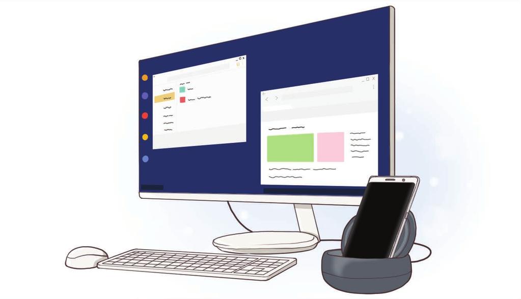 Samsung DeX Samsung DeX är en tjänst som låter dig använda din smarttelefon som dator genom att ansluta smarttelefonen till en extern skärm, till exempel en TV eller bildskärm.