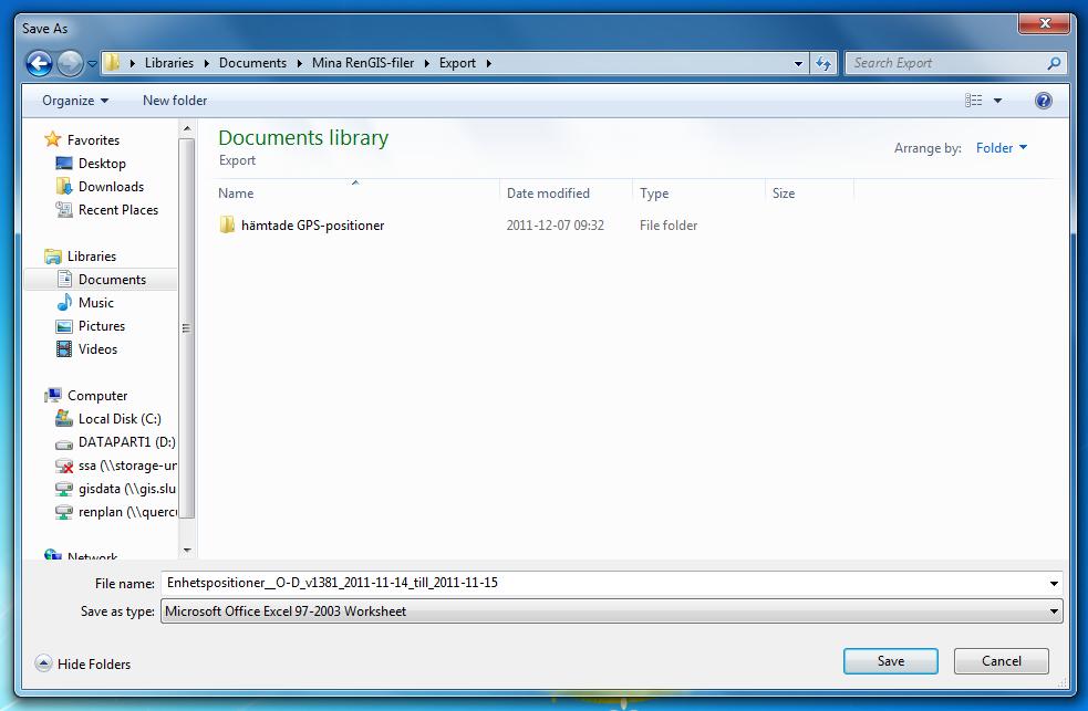 Välj sedan var på din egen dator du vill spara filen. Ett tips är att skapa en särskild mapp på datorn där man enbart sparar hämtade GPS-positioner så att man alltid vet var de finns/hamnar.