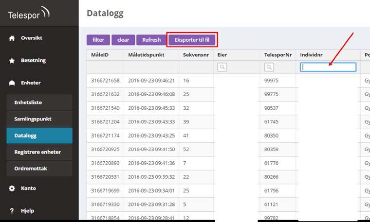 Nu kan man välja att klicka på Eksporter til fil om man vill hämta hem samtliga positioner, men det går också att skriva in ett önskat individnummer eller Telespornummer i de tomma rutorna ifall det