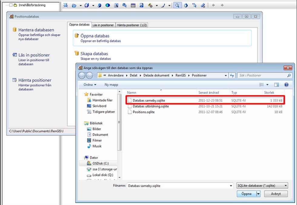 ändelsen.sqlite i filnamnet. Vill du öppna den färdiga databasen klickar du bara på Öppna databas. Leta dig fram till databasen i det fönster som öppnas och markera filen.