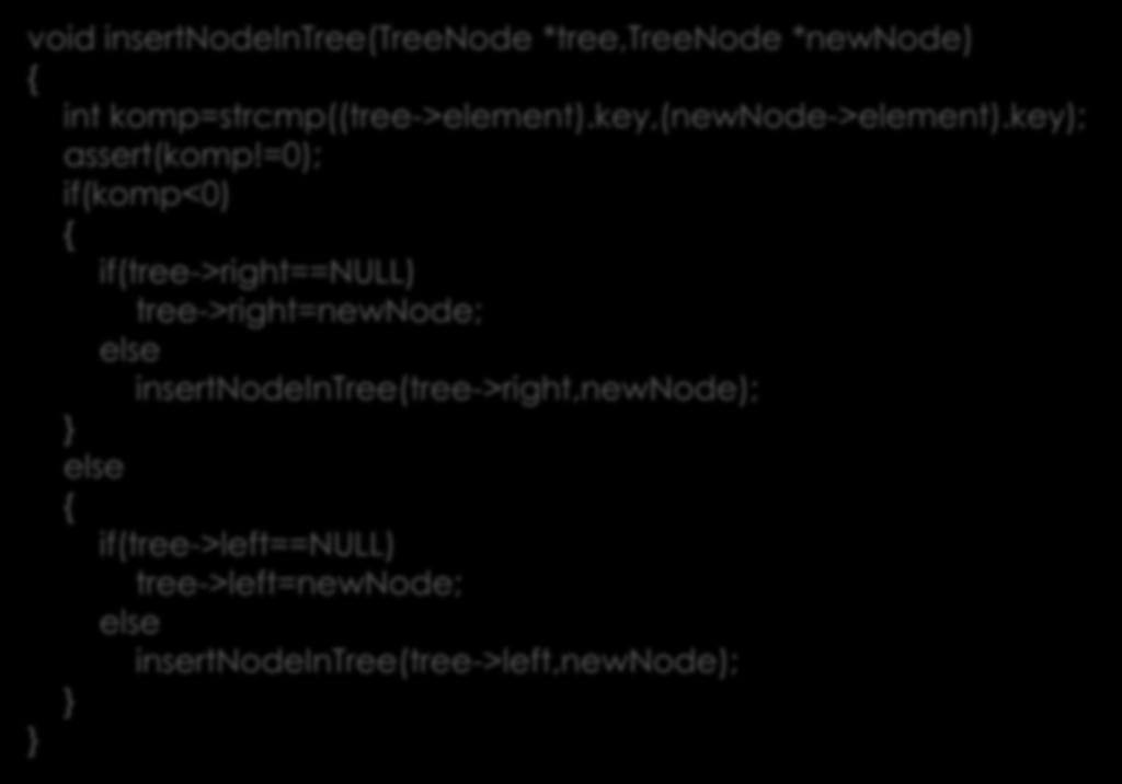 binarysearchtree.c sätta in void insertnodeintree(treenode *tree,treenode *newnode) { int komp=strcmp((tree->element).key,(newnode->element).key); assert(komp!