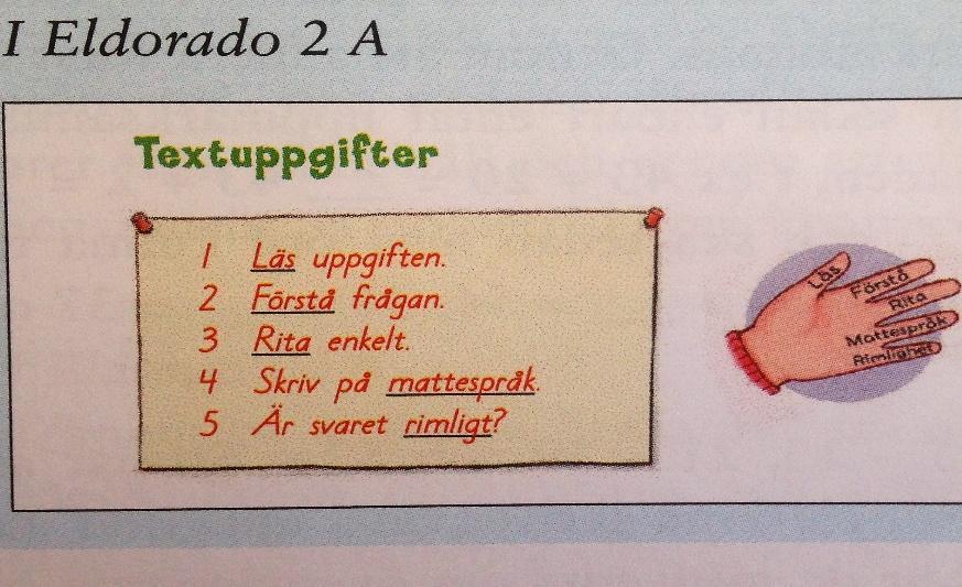 Olsson och Forsbäck beskriver olika faser i form av fingerfemman, med syftet att ge stöd i hur man kan arbeta med textuppgifter på ett effektivt sätt.