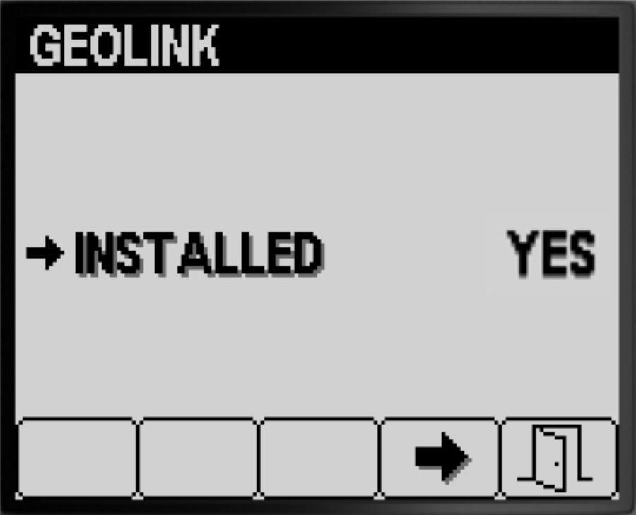 Ställa in GeoLink-alternativet 1. Tryck på knapp 1 eller 2 på skärmen INSTÄLLNINGAR tills du kommer till alternativet GEOLINK (Figur 36). g191701 Figur 36 g191703 2.