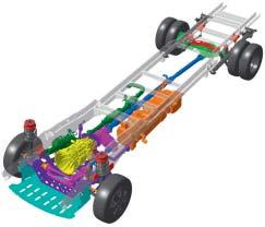 Transmission framaxel. 2. Fördelarväxel. 3. Tvärbalk motorstöd med förhöjning på 65 mm. 4. Spårbreddare, adapter, fäste för förhöjning (hjulaxel fram/bak). 5.