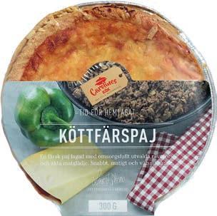 PAJER KÖTTFÄRSPAJ Ingredienser: Köttfärssås (tomat, nötfärs*, gul lök, morot, vatten, vitlök, salt, örtkryddor (rosmarin, kyndel, basilika m.fl), rödvinsvinäger, svartpeppar, kryddor (chili m.