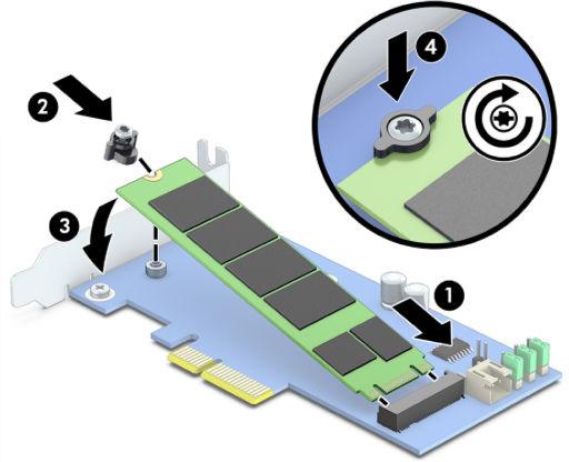 Modeller utan M.2-kontakter Installera modulen i ett PCIe-operatörskort och installera sedan kortet på x4-expansionsplatsen.