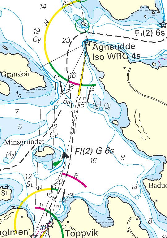 Nr 203 14 * 4756 Sjökort/Chart: 113 Sverige. Mälaren. Aspön. Agneudde fyr. Fyrsektorgräns ändrad. Fyrens vita sektor mot syd har gjorts smalare och röd/vit sektorgräns har nu en bäring av 12,4.