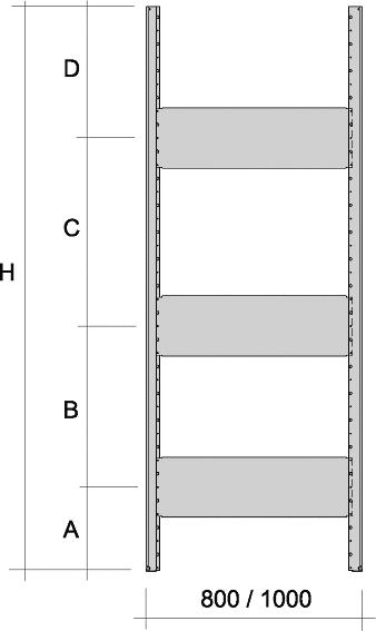 Teknisk data Hyllställ - 3 lätta stagplåtar (kragad eller popnitad) Komponenter Antal Stolpe 2 Fot 2 Förankring golv (när så erfodras) 2 Lätt stagplåt 3 Popnit 4,8 x 9 mm (endast för popnitade