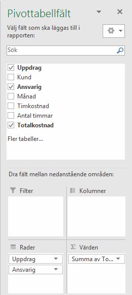 Om du inte ser fältlistan visar du fl iken Analysera och klickar på Fältlista (Analyze, Field List) i grupp en Visa (Show).