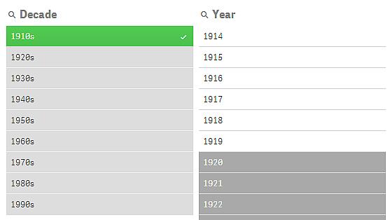 3 Interagera med visualiseringar Men om du väljer något av de möjliga värdena i filterrutan Year, blir alla värdena i Decade, som tidigare var alternativa, uteslutna.