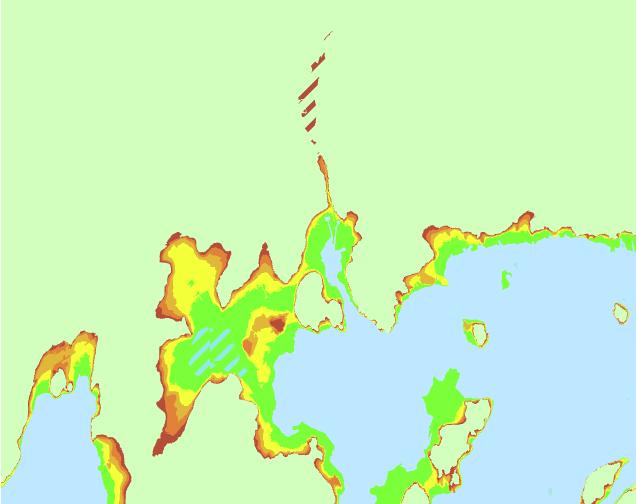 3.3.4 Instängda områden Huruvida områden är potentiellt instängda eller ej kontrollerades med hjälp av havspunkter som sattes ut manuellt, anpassat för varje analysområde.