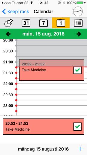 9 7.3 Dagvy I dagvyn kan du se om det finns påminnelser inlagda för dagens datum, vilken tid och vilken typ av påminnelse-/er som finns inlagda.