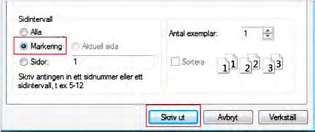 Välj alternativet Skriv ut Klicka i rutan Markering Bekräfta genom att klicka på Skriv ut.