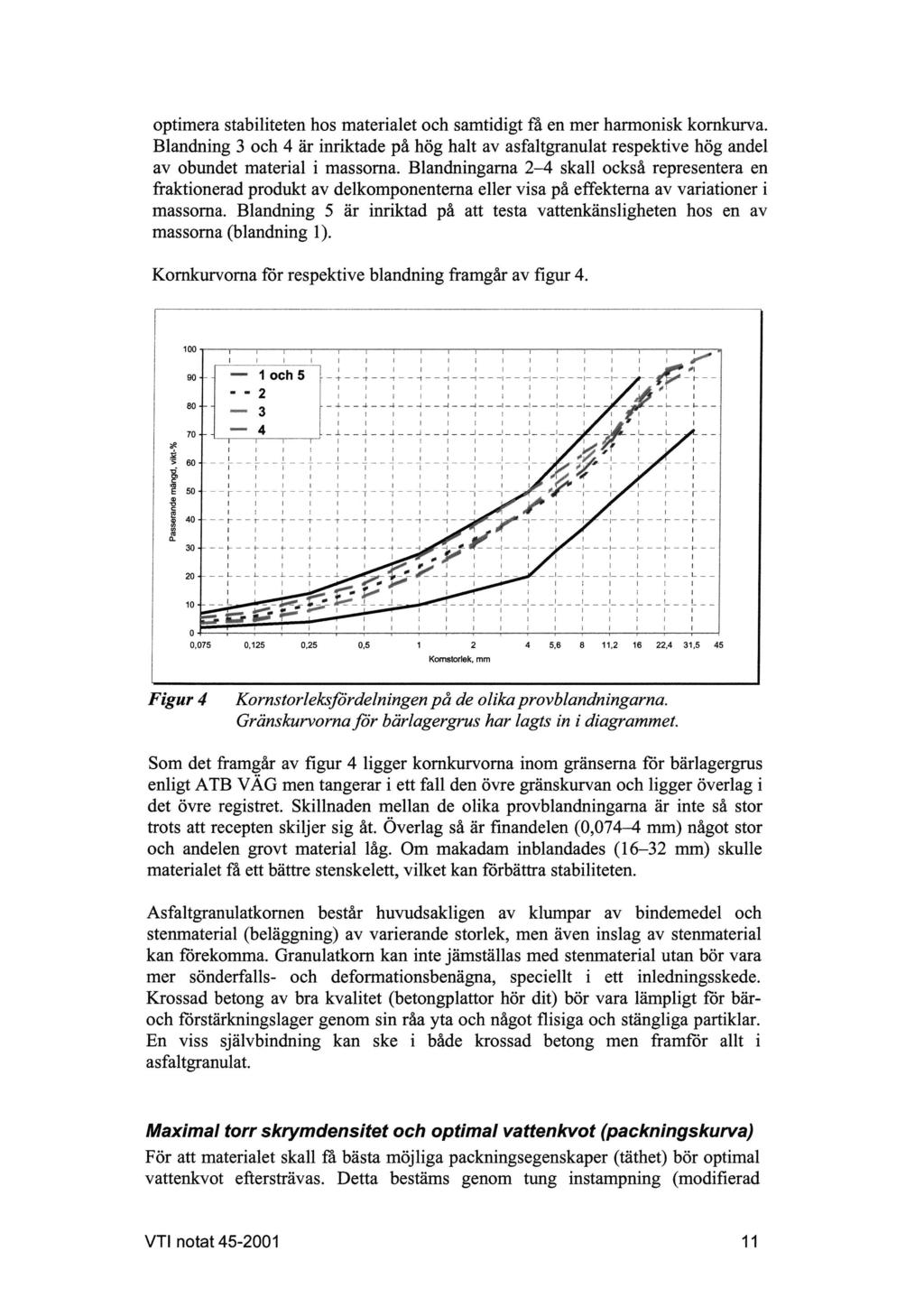 optimera stabiliteten hos materialet och samtidigt få en mer harmonisk kornkurva. Blandnng 3 och 4 är inriktade på hög halt av asfaltgranulat respektive hög andel av obundet material i massorna.