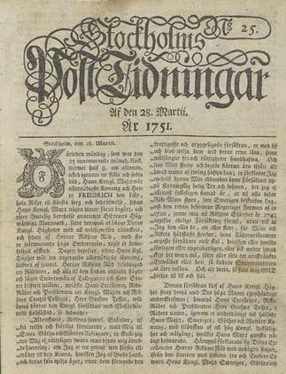 Stockholms Post-Tidningar den 28 mars 1751 med redogörelse för
