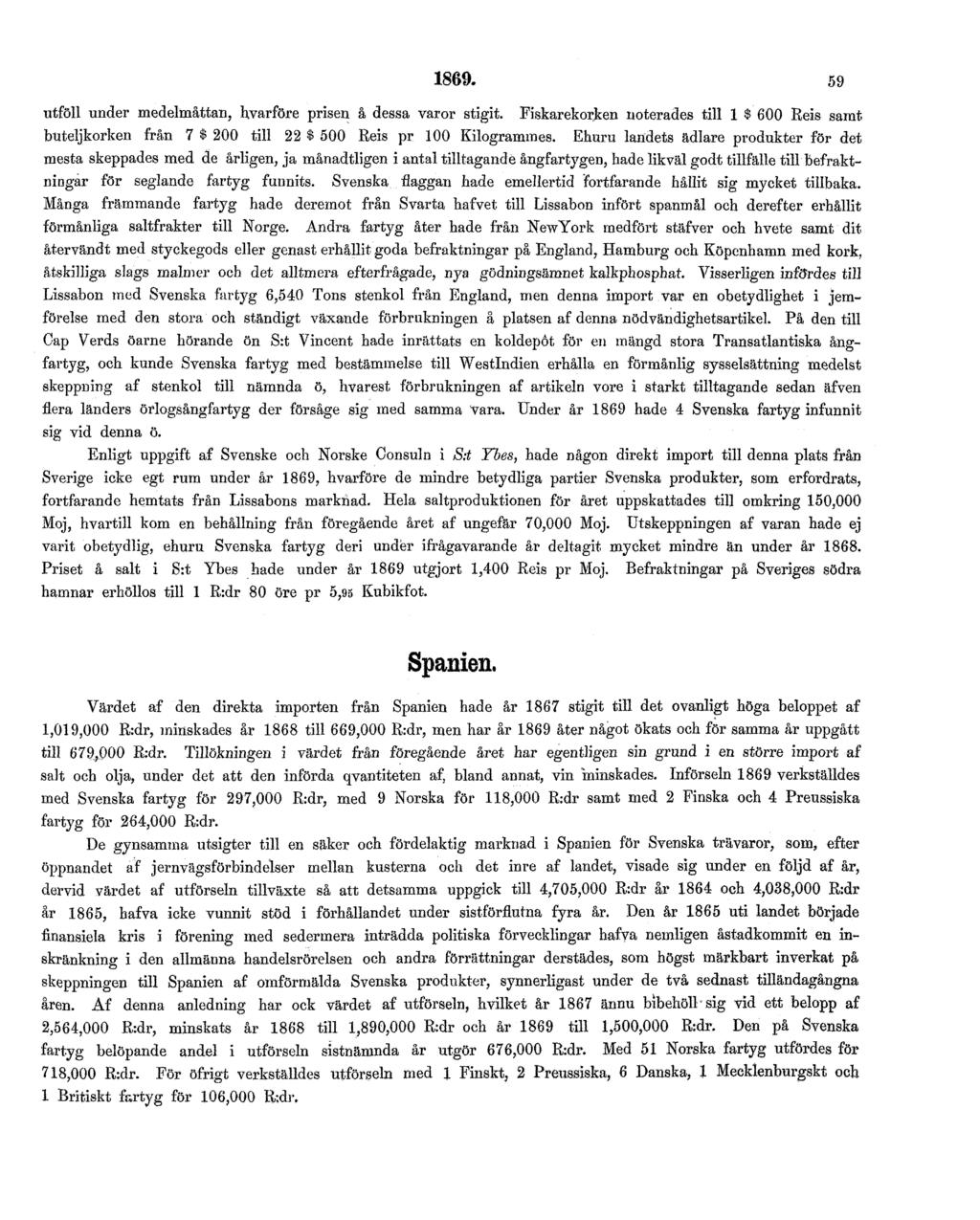 1869. 59 utföll under medelmåttan, hvarföre prisen å dessa varor stigit. Fiskarekorken noterades till 1 $ 600 Reis samt buteljkorken från 7 I 200 till 22 I 500 Reis pr 100 Kilogrammes.