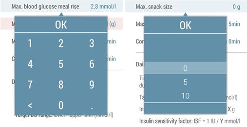 3.3.4.3 Maximum Time since Last Blood Glucose Measurement Tryck på raden "Max. time since last BG measurement". Dra fingret på skärmen uppåt eller neråt för att välja värden som passar dig bäst.