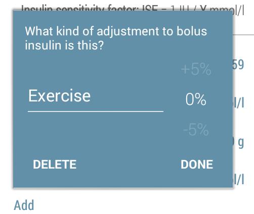 3.3.6 Bolusjustering 1. Tryck på raden för "Exercise" för att ändra namnet på justeringen (adjustment) och för att definiera dess procent. 2. Välj det lämpliga värdet. 3.