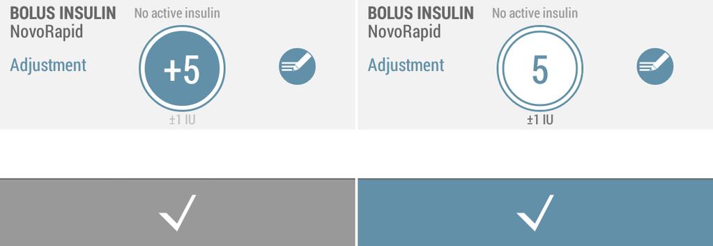 radera justeringar direkt i datainmatningssidan genom att trycka på Adjustment. Den senaste bolusinsulindosen och tiden från doseringen presenteras under justeringen.