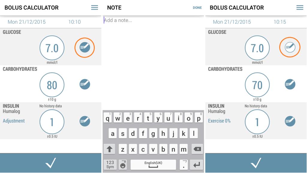 Tabell 7: Bolusförslagets undantags meddelander Meddelande "MAX" "Incomplete settings" "Out-of-range BG" "Out-of-range Carbs" "Out-of-range Bolus" "New insulin type" "No history data" "Hypo BG value"