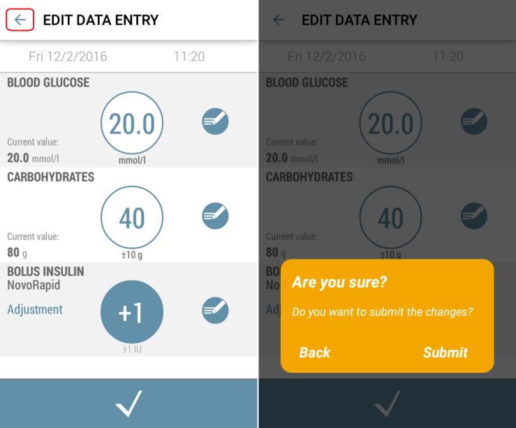 3.4.5.2 Radering av informationen Du kan radera sparad data via Diary sidan. 1. I Diary sidan, börja korrigeringen genom att trycka på pilen av det data som du vill korrigera.