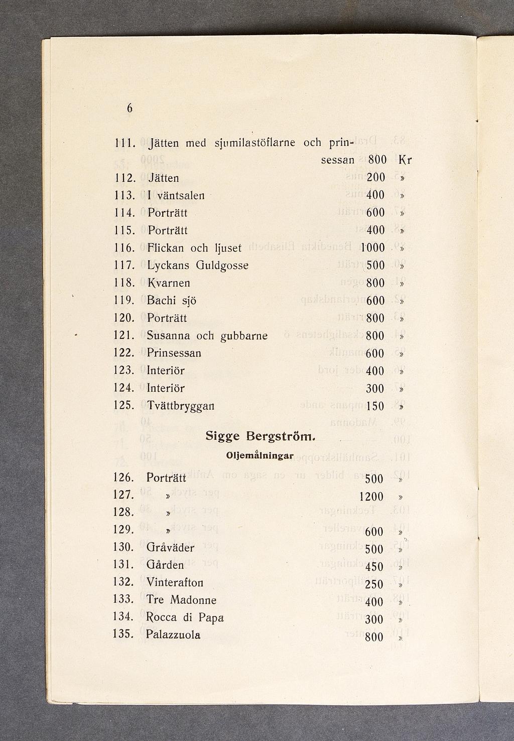 111. Jä tte n med sjnm ilastöflarne och p rin sessan 112. Jätten 113. I väntsalen 0 114. P o rträtt 600 115. P o rträtt 0 116. Flickan och ljuset 117. L yckans G uldgosse 0 118. K varnen 119.