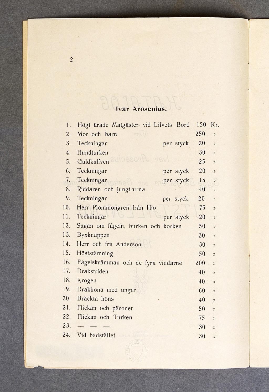 Ivar Arosenius. vid L ifv e ts B ord 1 1. H ögt ärad e M atg äster 2. M or och 3. T eck n in g ar 4. H u n d tu rk en 5. Q u ld k a lf v e n 25 6. T eck n in g ar p e r styck 7.