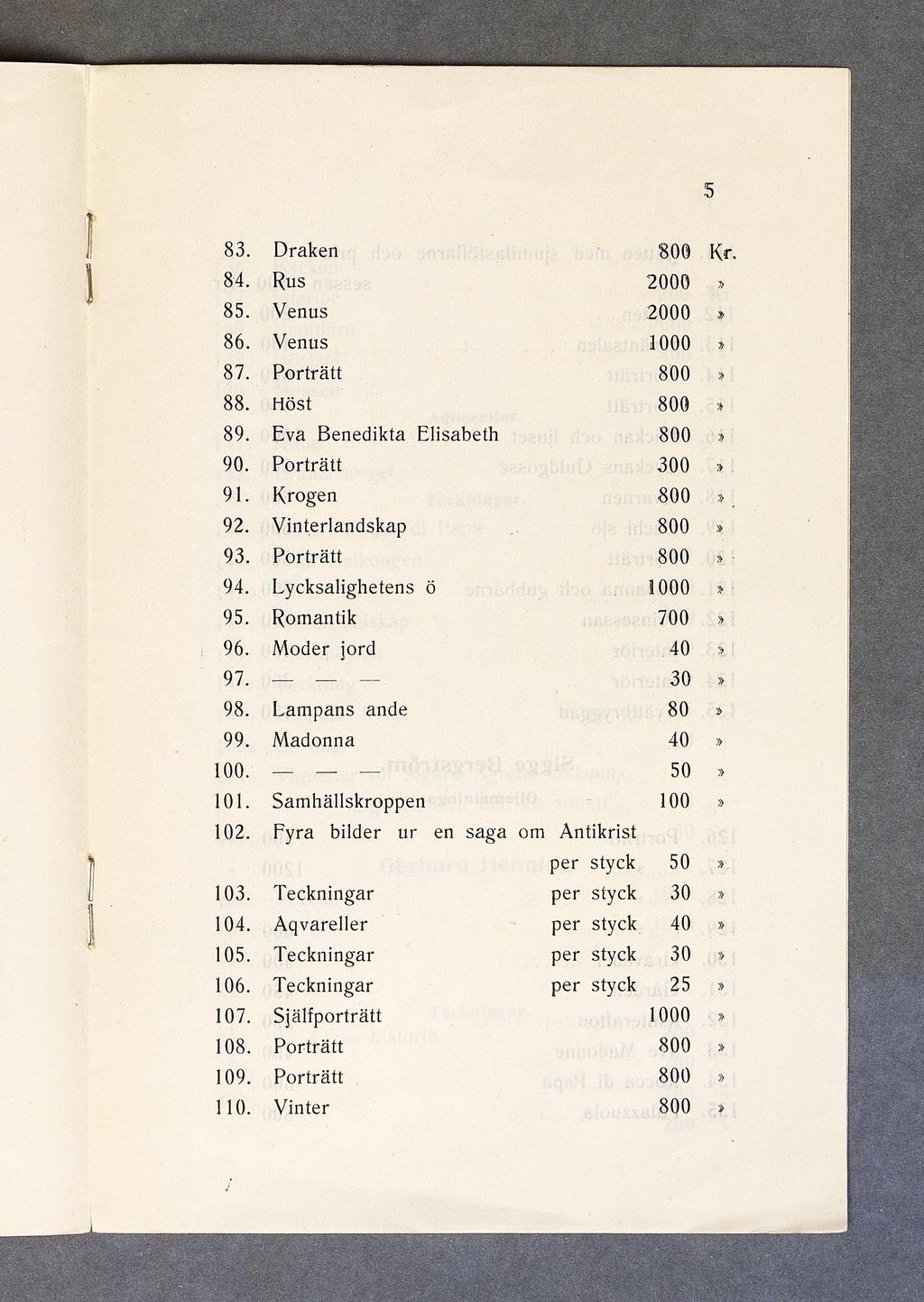 83. Draken 84. Rus 0 85. Venus 0 Kr. 3> 86. Venus 0 87. Porträtt 88. Höst 89. Eva Benedikta Elisabeth 90. Po rträtt 0 91. Krogen 92. Vinterlandskap 93. Porträtt 94. Lycksalighetens ö 95.