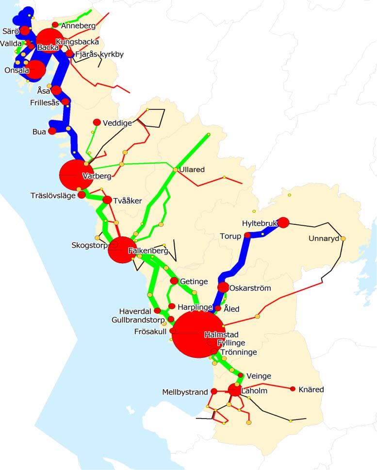 25 tetsmätningen visar dessutom att 65% av de svarande reser fler än en gång i veckan med Öresundstågen mot 62 % enligt föregående mätning. 6.2.2 Regional busstrafik De mest frekventa busslinjerna finns i stråket utmed kusten och i relationen Halmstad Hylte.