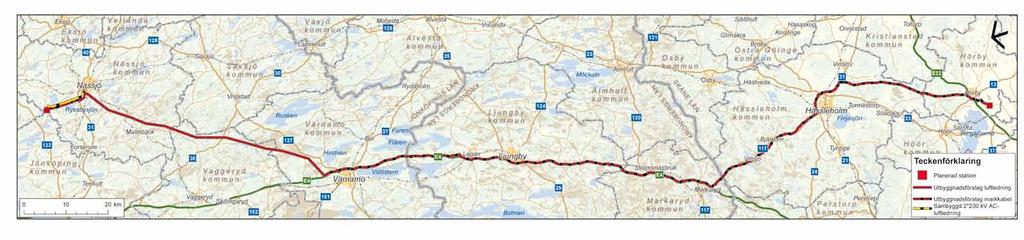 3.3 Utbyggnadsförslaget Utbyggnadsförslaget omfattar en ca 5 km lång (varav 6 km som luftledning och 89 km som markkabel) ny likströmsledning med spänning upp till 400 kv mellan en ny station utanför