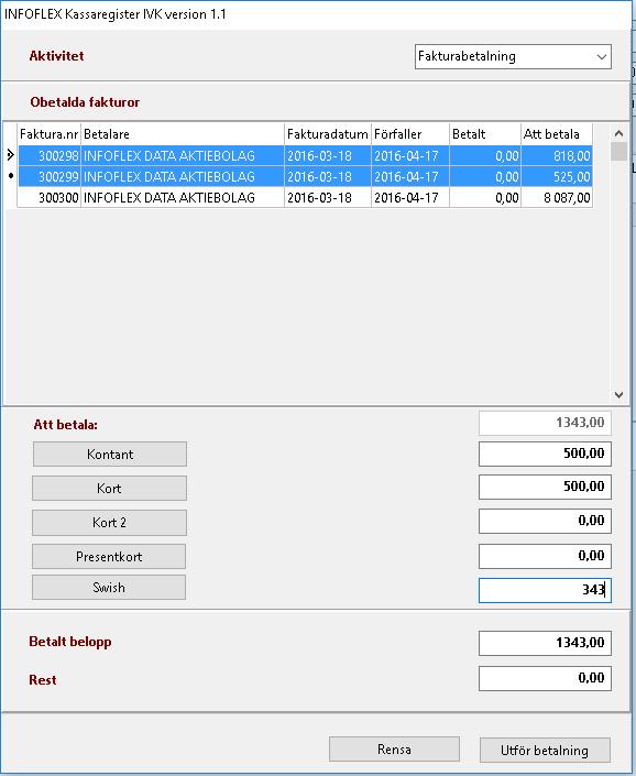 14 klicka på den sista faktura som du vill ha med. Om du dubbelklickar på en redan markerad faktura så avmarkeras den. Betalningsbeloppet visas i "Att betala".