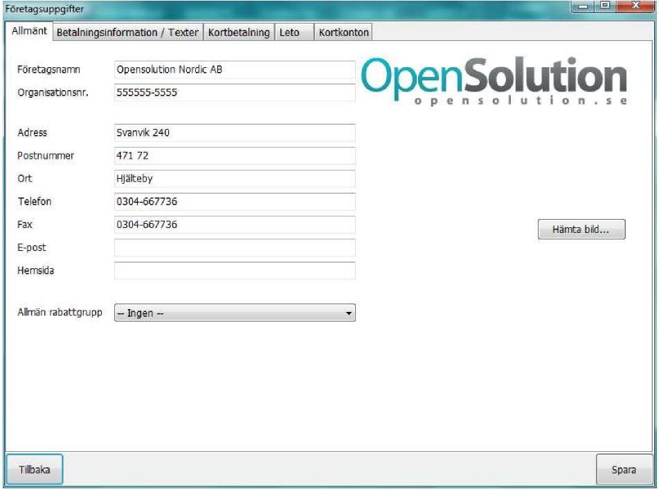 Företagsuppgifter Under företagsuppgifter står den grundläggande information om bolaget som finns registrerad. Flik (1) - Allmänt (1) Företagsnamn: Ange namn på bolaget.