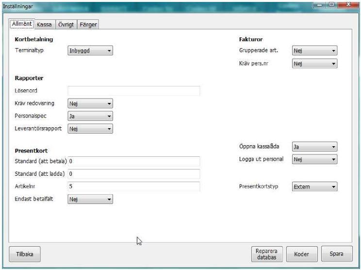 Inställningar Flik (1) Allmänt Kortbetalning Terminaltyp: Ange vilken typ av korttransaktionsterminal du använder, valen finns i rullningslisten.