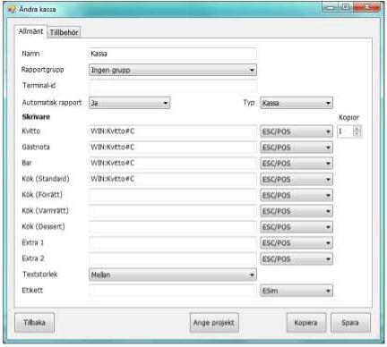 Lägga upp ny kassa Flik (1) Allmänt Namn: Namnet på kassaplatsen t.ex. reception, kassa1, kassa2, barkassa osv. Rapportgrupp: Om du jobbar med rapportgrupper, välj vilken grupp kassan skall ingå i.