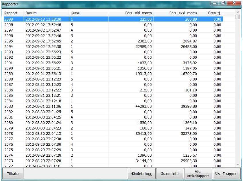 Rapporter (z-rapporter, artikelrapporter, grand total) I denna del tar du fram försäljningsrapporter, artikelrapporter, grand total samt händelselogg.