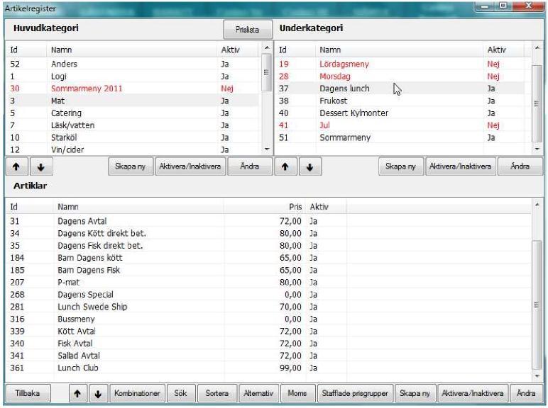 Artikelregister I artikelregistret skapar du nya huvudkategorier (varugrupper) och subkategorier (undervarugrupper) samt artiklar.