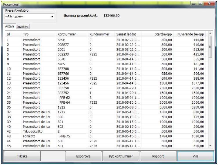 Presentkort Presentkort, rabattkort, klubbkort, stamgästkort etc. går under namnet presentkort i systemet. Samtliga förladdade kort lagras med kundnummer och saldohistorik.