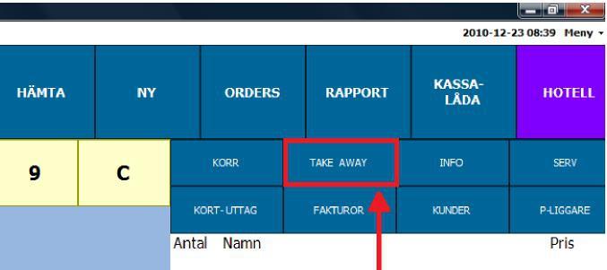 Take Away/Äta här Knappen Take Away används om du standardmässigt i artikelregistret jobbar med 25 % moms på dina artiklar, men viss försäljning avser avhämtning. Momssatsen ändras då till 12 %.