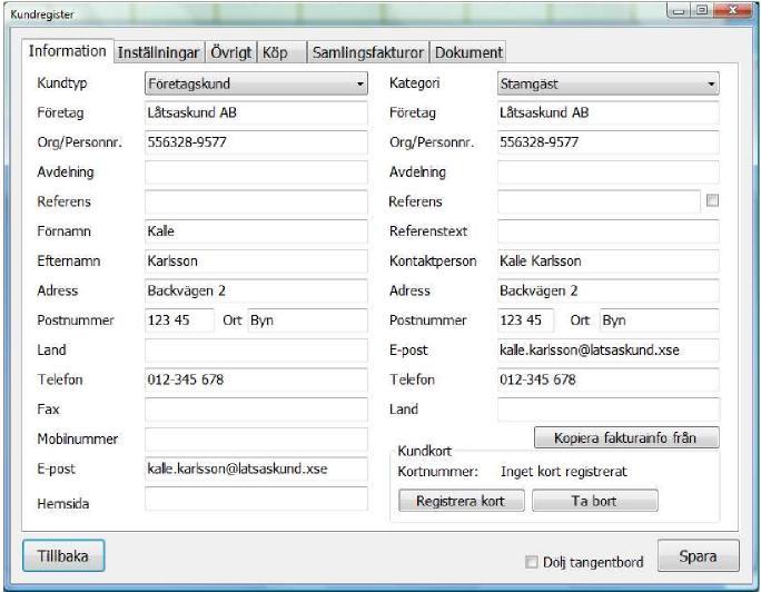 Flik (1) Information I den vänstra kolumnen anges kundens kontaktuppgifter, högersidan anger fakturainformationen. Här finns det även möjlighet att ändra kategori om så önskas.