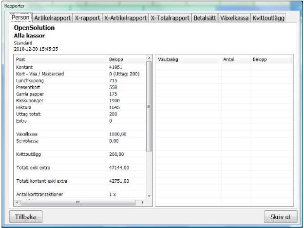 X-rapporter, redovisning, betalsätt, växelkassa, kvittoutlägg [110] I kassadelen klickar du på knappen Rapport.