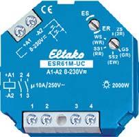 Elektroniskt impulsrelä ES61 Elektroniskt multifunktionsrelä ESR61M 8 ES61- UC 1 potentialfri NO-kontakt 10A/250V AC. Glödlampslast upp till 2000W. Ingen effektförbrukning i standby-läge.