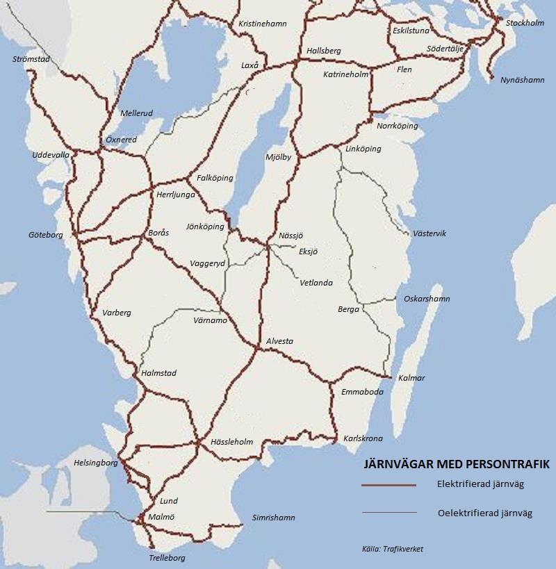 Sidan 2 (14) 2. Tågtrafiken i Sverige 2.1 Järnvägsnätet Sveriges järnvägsnät är drygt 16 500 spårkilometer långt 1. Den allra största delen, 12 290 km (86 %) är elektrifierad järnväg.