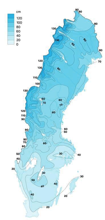 Figur 30 visar normalt snödjup i Sverige. Snöfickornas djup anpassas lämpligtvis efter detta.