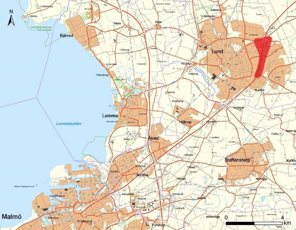 Figur 3 Utredningsområdets placering i Lund är markerat med rött fält.