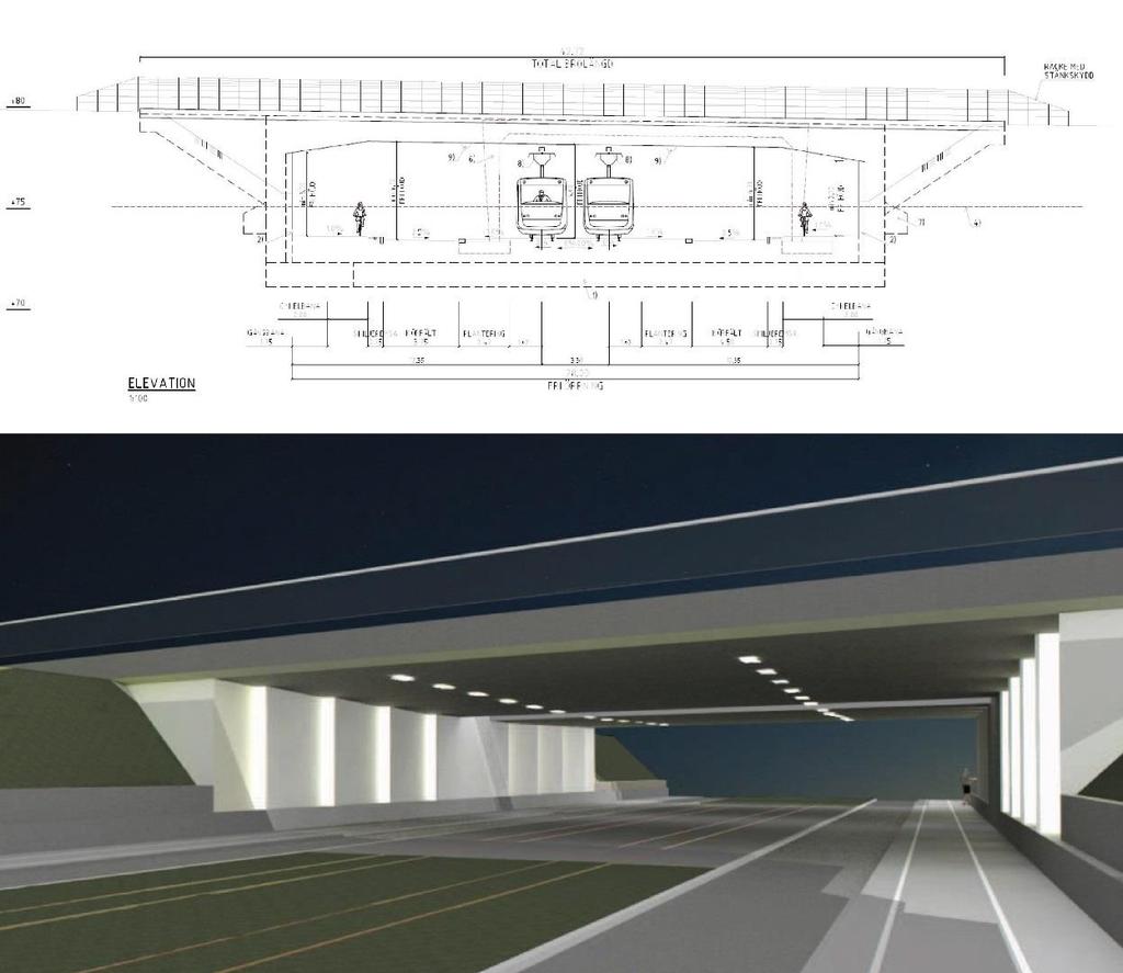 Figur 18. Föreslagen preliminär och principiell utformning av korsningen Spårväg Lund E22 enligt Gestaltningsprogram för Spårväg Lund Vägport under E22, SWECO 2014-11-27.